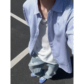 Riolio Summer Short Sleeved Shirt Men Black Blue Casual Shirt Men Streetwear Korean Loose Striped Shirt Mens Formal Dress Shirts